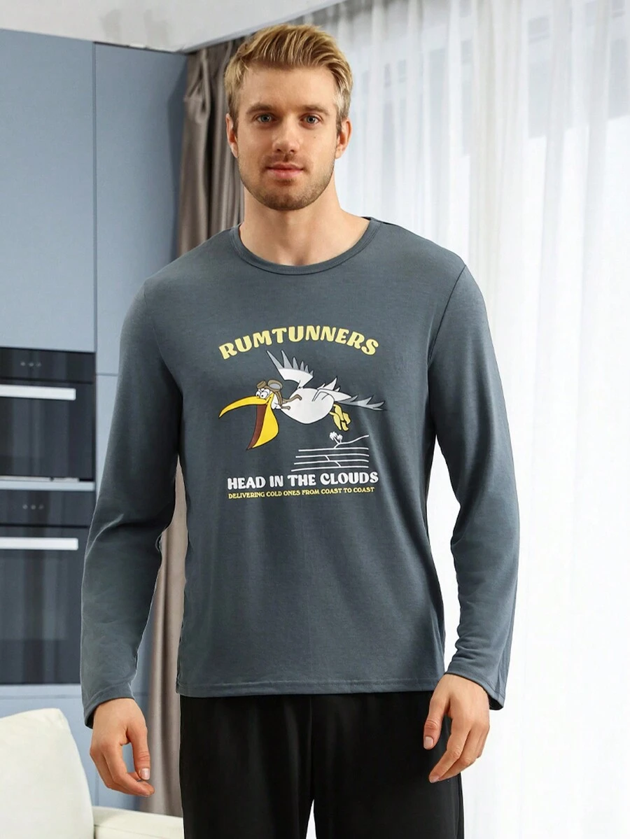 Men's Cartoon Letter Printed Homewear Top - Grey - View 1