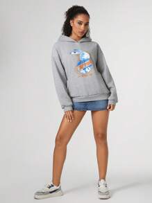 JUNG HANA 艺术家女士卡通兔子印花连帽运动衫，秋季，适合秋冬季、假日、度假、节日 - 灰色 - 查看 6