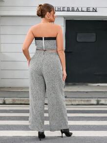 SHEIN Privé Plus Size Women's Contrast Trim Bandeau Top And Wide Leg Pants Two Piece - Multicolor - View 2