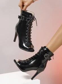 女士爵士舞高跟鞋，露趾镂空设计，系带短靴，适合跳舞 - 黑色 - 查看 7