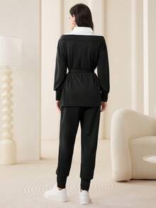 Mulvari 搭配腰帶落肩二合一運動衫和慢跑褲套裝 - 黑色 - 查看 2