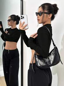 SHEIN Unity Top corto de manga larga con cuello medio alto para mujer, ropa de otoño - Negro - Ver 2