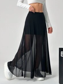 SHEIN EZwear 女士黑色网眼撞色半身裙 - 黑色 - 查看 5