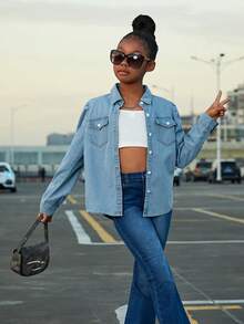 SHEIN Cô gái Dễ thương Ống tay áo Denim Giải trí Áo sơ mi - Màu xanh lam - Xem 2