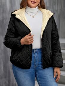 SHEIN LUNE 大尺碼女式連帽棉衣 - 黑色 - 查看 6