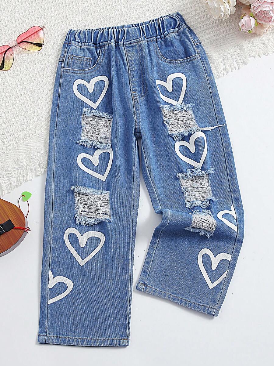 Vaqueros Rasgados De Pierna Recta Con Estampado De Corazones De Moda Para Niñas Pequeñas - Lavado ligero - Ver 1