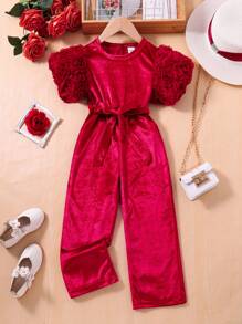 SHEIN 年轻女孩立体花朵装饰天鹅绒连体裤 - 酒紅色 - 查看 1