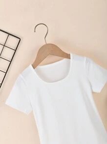 Body De Cuello Redondo Y Manga Corta De Color Sólido Para Niña Adolescente - Blanco - Ver 3