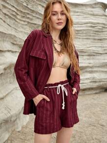 Bohemela Lapel Collar Flap Pocket Blouse & Shorts Set - Burgundy - View 1