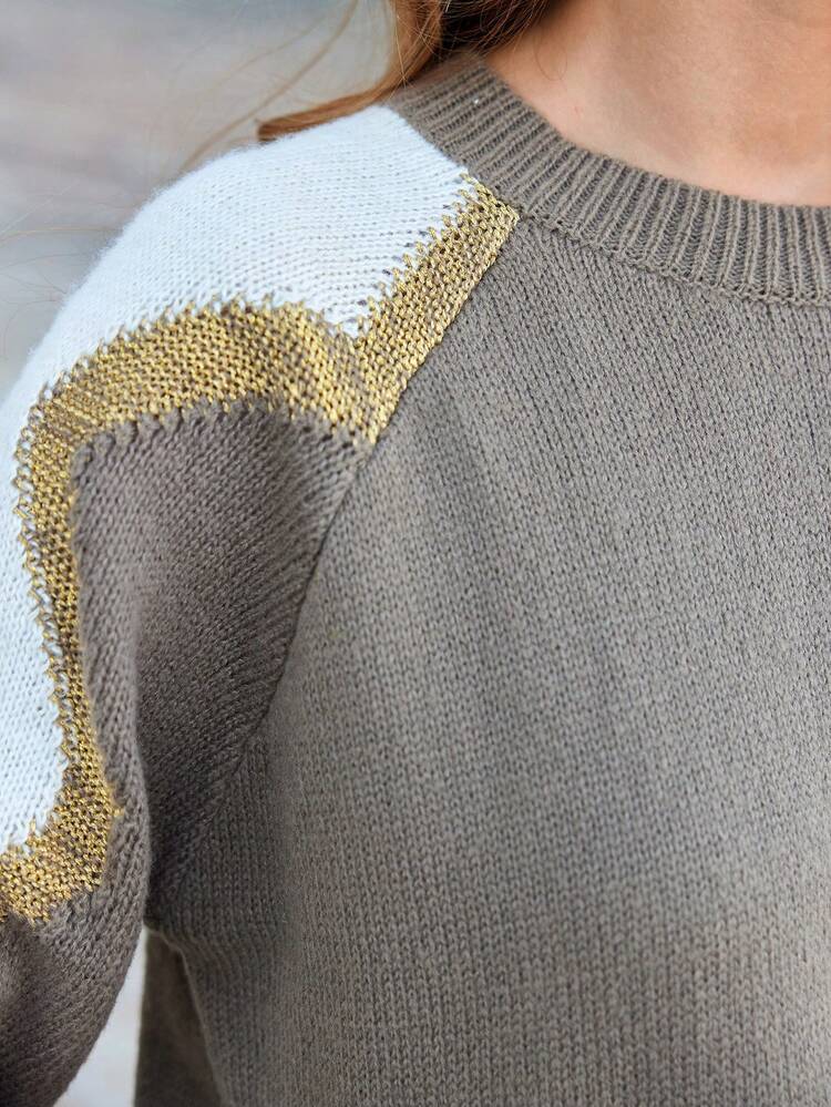 Crew Neck Contrast Color Raglan Sleeve Knit Pullover Fall Winter Sweater