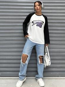 SHEIN Unity 女款字母印花撞色插肩袖 T 卹 - 白色 - 查看 6