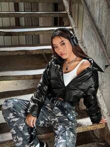 SHEIN EZwear 拉链短款 PU 皮革夹棉大衣 - 黑色 - 查看 4