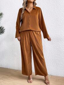 SHEIN LUNE 大尺碼女士簡約純色鈕扣襯衫與長褲套裝 - 棕色 - 查看 4