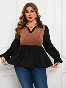 SHEIN LUNE Plus Size Women's Contrast Ruffle Sleeve Top - Multicolor - View 6