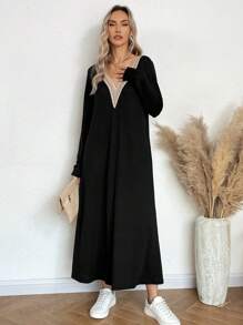 SHEIN LUNE 拼接蕾絲v領長袖洋裝 - 黑色 - 查看 5