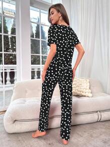 女士心形印花短袖長褲睡衣套裝 - 彩色 - 查看 2