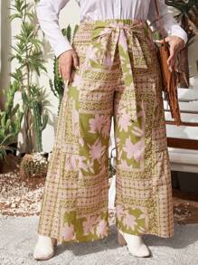 SHEIN VCAY 女士大尺碼花卉和幾何圖案印花腰帶褲 - 彩色 - 查看 3