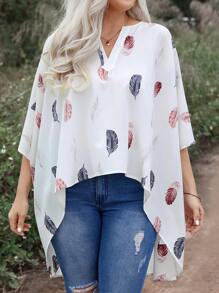 SHEIN LUNE 大尺碼女用羽毛印花高低下擺襯衫 - 白色 - 查看 4