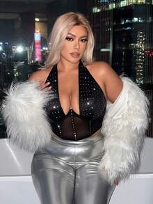 Women's Plus Size New Years Mesh Splice Halterneck Top With Rhinestone Decor - Black - View 7