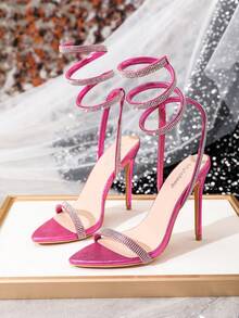 Của phụ nữ Đồ trang trí Rhinestone Cố định Dây Quấn Ban nhạc Đỏ  Lấp lánh Vải Chóp giầy mở ra Cao gót Dép xăng đan - Đỏ - Xem 7