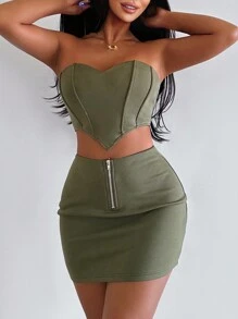 Allurite Của phụ nữ Áo không dây Và Dây kéo mặt trước Váy 2 Miếng Bộ - xanh quân đội - Xem 6