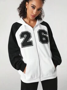GraceKreations Kontrast-Farbiger Damen Kapuzenjacke mit Buchstaben-Muster, Festival - Weiss - Übersicht 5
