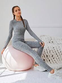 SHEIN Teenagers' Knitted Waist Crossed Round Neck Sports Sweatshirt & Pants Set - Dusty Pink - View 5