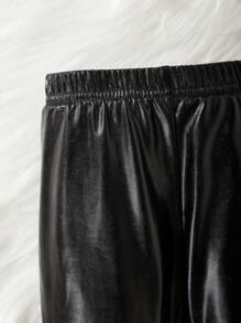 Baby Girls' Casual Comfortable Letter Print Long Sleeve Round Neck Sweatshirt And Faux Leather Tight Pants Set With Elastic Waistband - Black - View 6