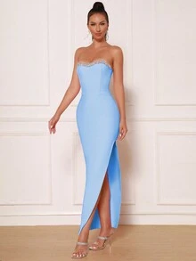 Modphy Đầm phù dâu cúp ngực, xẻ cao, đính đá lấp lánh, xẻ tà cao, thích hợp dự tiệc, dự đám cưới, dạ hội, váy dạ tiệc. - Màu xanh nhạt - Xem 3