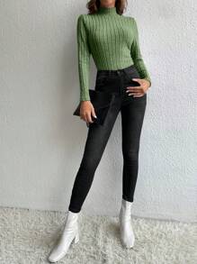 SHEIN Tall Đồ đan Ribbed Tay áo dài Áo thun - màu xanh lá - Xem 3