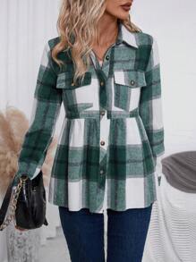 SHEIN Essnce 女款格紋荷葉邊襯衫領夾克 - 軍綠色 - 查看 5