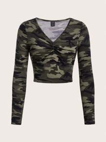 SHEIN EZwear Của phụ nữ Ngụy trang Dệt kim Thon gọn Áo thun - xanh quân đội - Xem 3