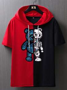 Manfinity Homme Men Colour Block Bear Print Drawstring Hooded Tee - Multicolor - View 1