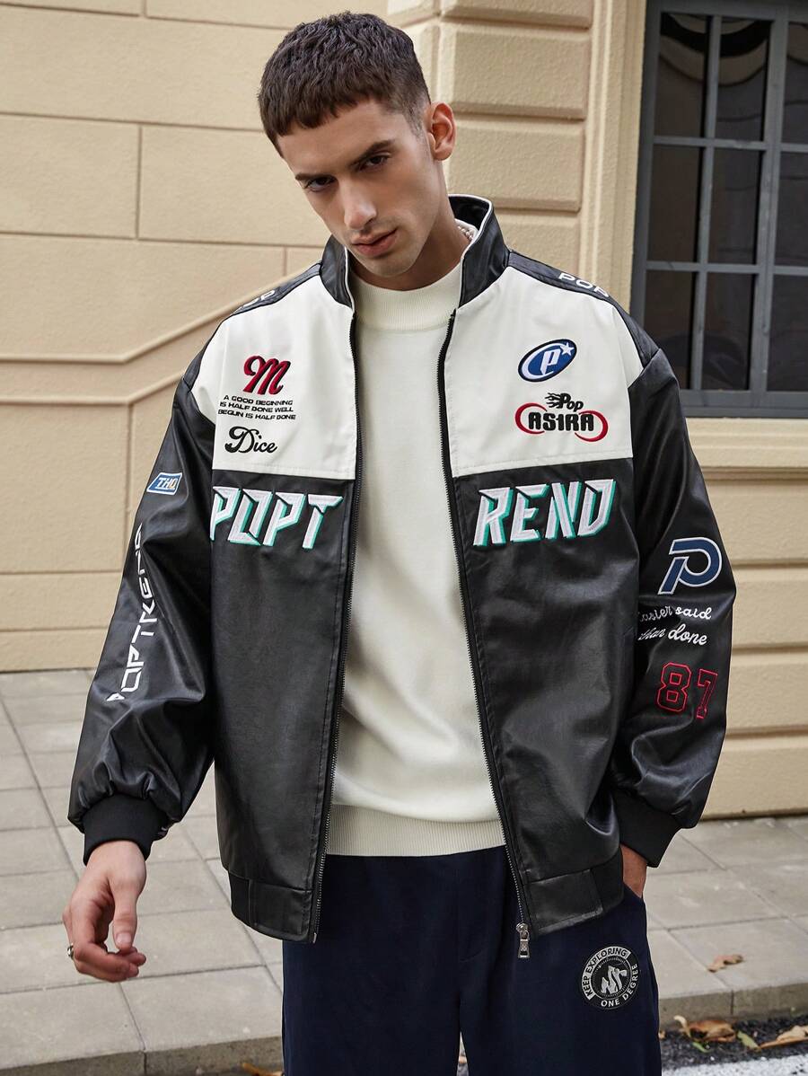 Chaqueta de carreras con bordado de letras en bloques de color para hombres - Blanco y Negro - Ver 1