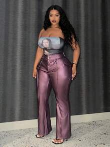 Slaydiva Pantalones PU De Color Sólido De Talla Grande