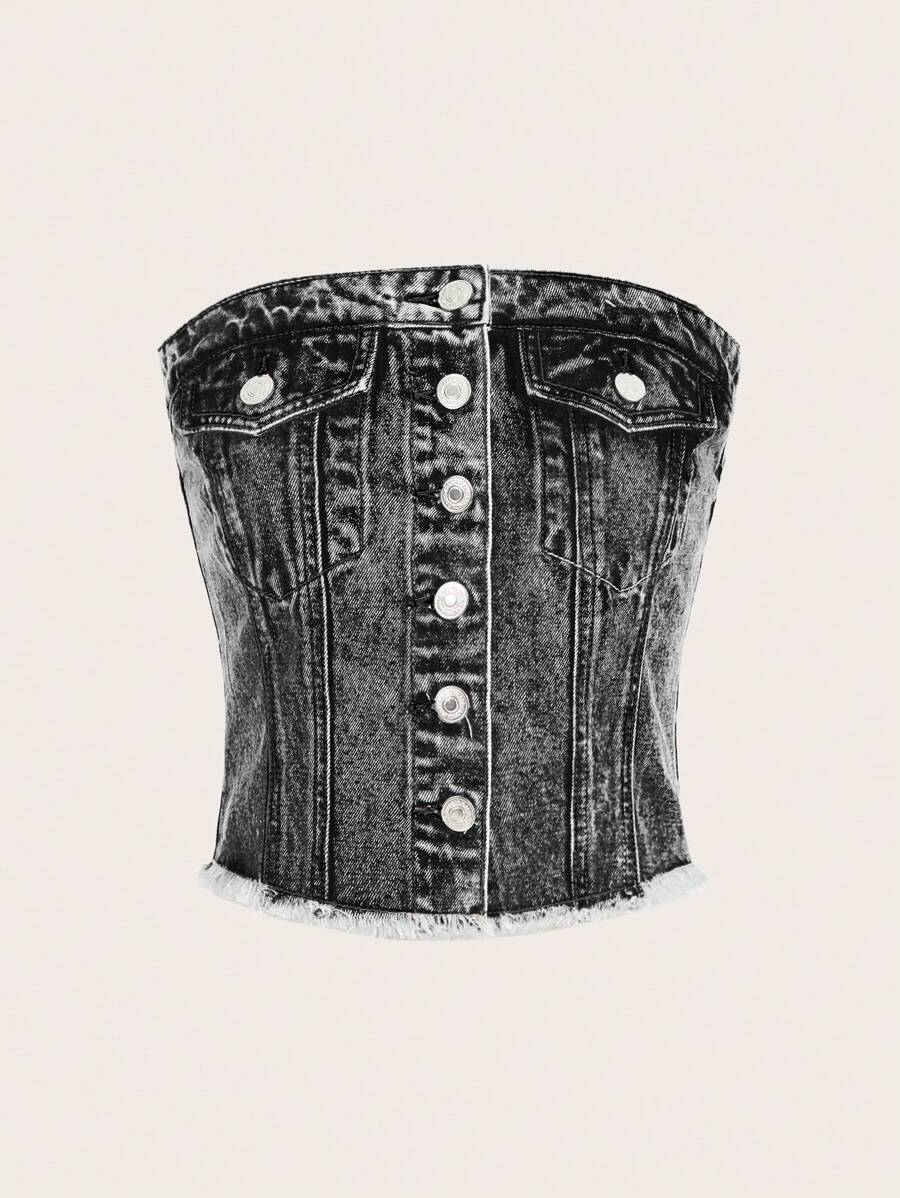 SHEIN MOD Raw Hem Tube Denim Top - Light Grey - View 1