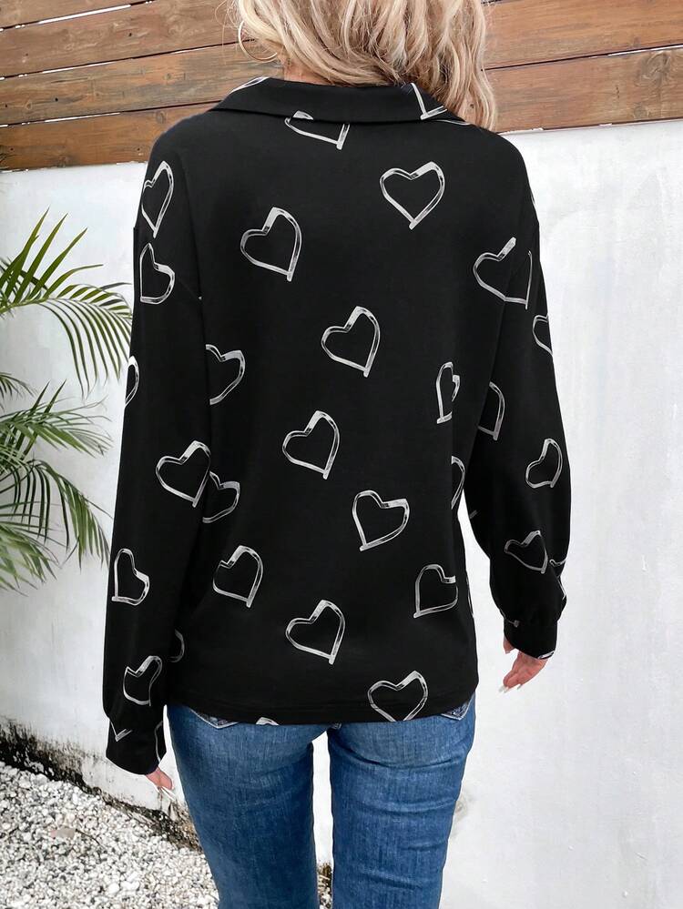 Women's Half Zipper Sweatshirt With Heart Print Pullover Fall Sweatshirt