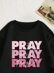 SHEIN Girls' (big) Letter Printed Thermal Lined Sweatshirt - Black - View 4