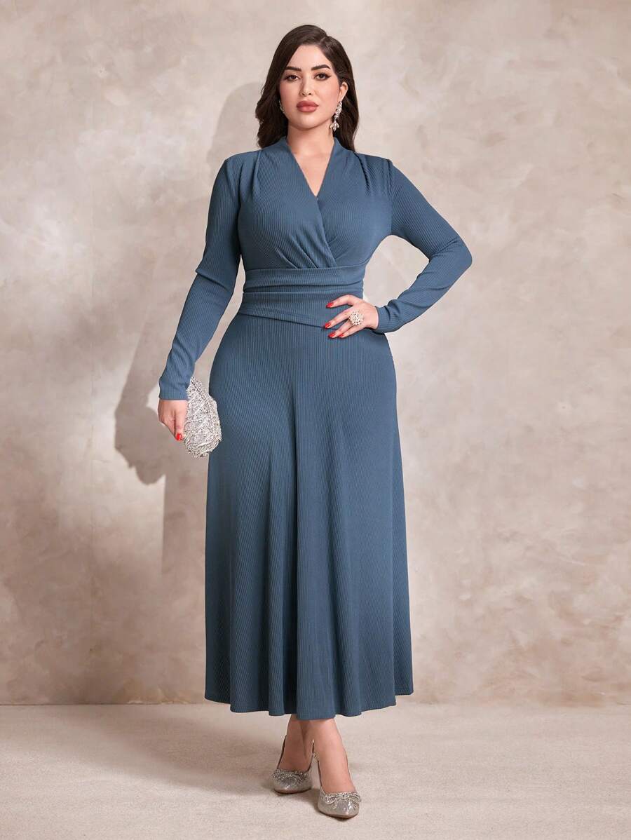 Modelyn 女士v領長袖連衣裙 - 藍色 - 查看 1