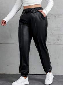 RueChic Pantaloni Pu Cu Snur De Marime Plus, Pentru Iarna