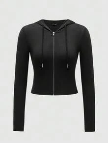 SHEIN Unity 女士純色拉鍊前帽t恤,帶束帶 - 彩色 - 查看 4