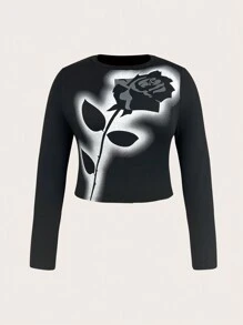 SHEIN ICON Plus Size Floral Print Crew Neck T-Shirt - Black - View 1