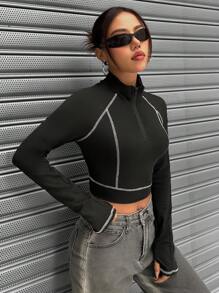 SHEIN Unity 縫合細節拉鍊半拉基底短袖t恤