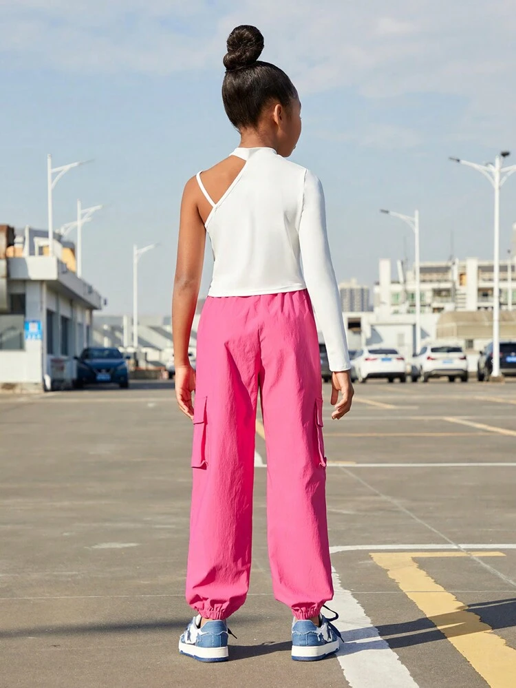 Tween Girls Casual Knitted Plain One Shoulder Long Sleeve Top With Elastic Cuffs And Tied Feet Overalls Trousers