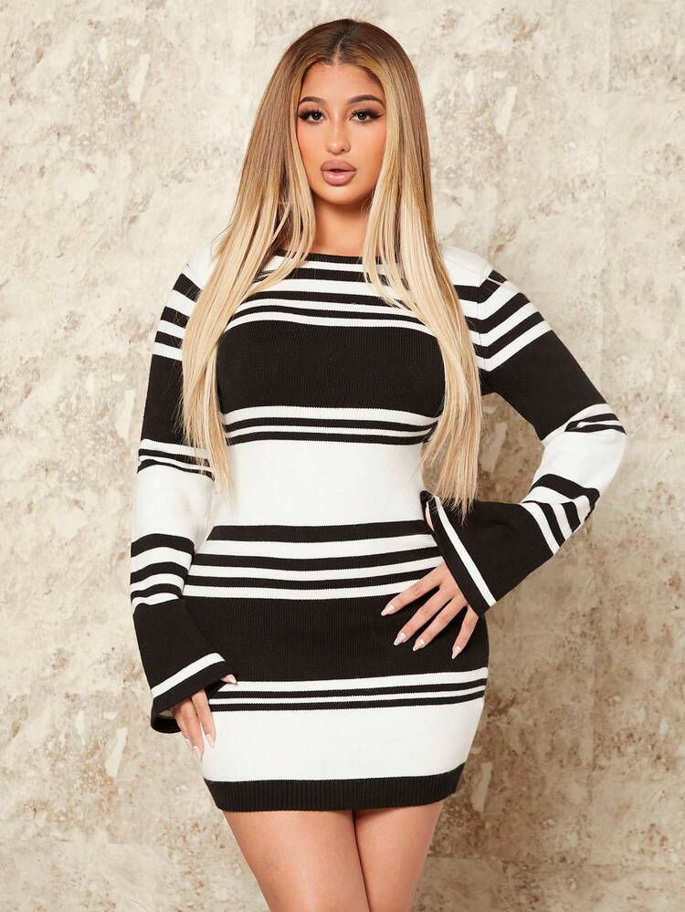 Sexy Backless Sweater Mini Dress For Women, Color Block Clubwear, New Year'S Gift, Valentine's Day, Casual, Fashionable
