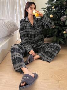 DAZY Women's Plaid Shirt And Long Pants Pajama Set