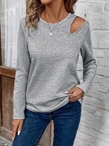 SHEIN LUNE 空心浮雕長袖t恤 - 灰色 - 查看 1