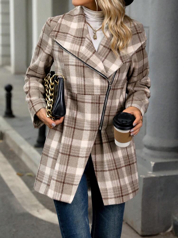 Women's Plaid Notched Collar Woolen Coat