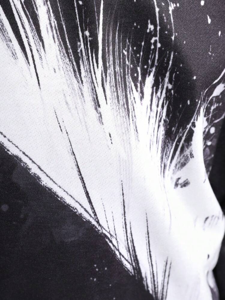 2pcs Tween Boys Casual Feather Print Hooded Sweatshirt And Pants Knitted Thickened Fleece Set