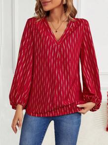 SHEIN Clasi Allover Print Lantern Sleeve Blouse - Burgundy - View 3